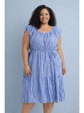 NWT St. Johns Bay 3X Blue Stripe Flutter Sleeve lightweight Cotton Ruffle Dress